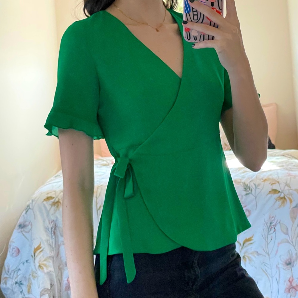 Green wrap top with tie closure